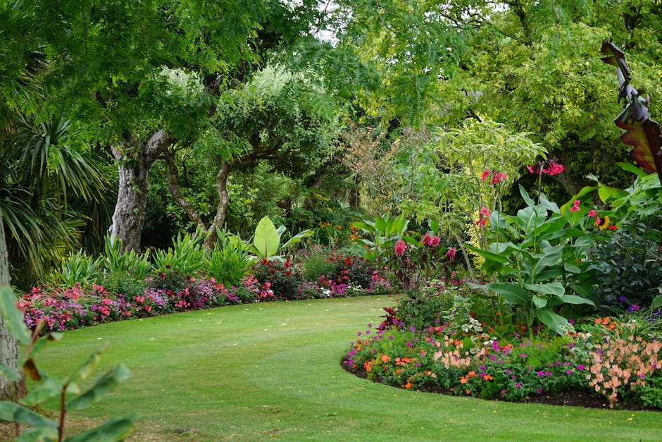 A garden scene featuring several potted plants with vibrant green, broad leaves placed on a paved surface. Behind the plants, there is a green wheelbarrow filled with fresh, leafy plants and positione